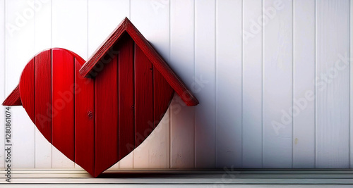 Extreme close-up of a red wooden heart with roof on a white wooden background with copy space, symbol of love for home, insurance and protection, home sweet home. Generative Ai.