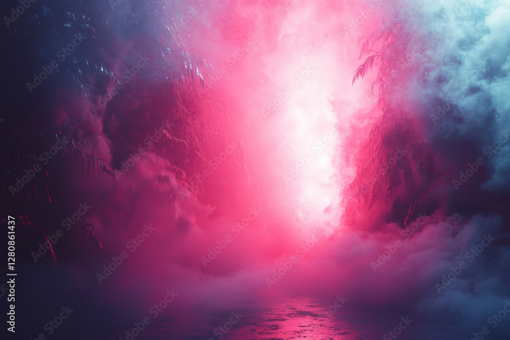 Fototapeta premium vibrant, ethereal scene with pink and blue fog enveloping mystical landscape, creating dreamlike atmosphere