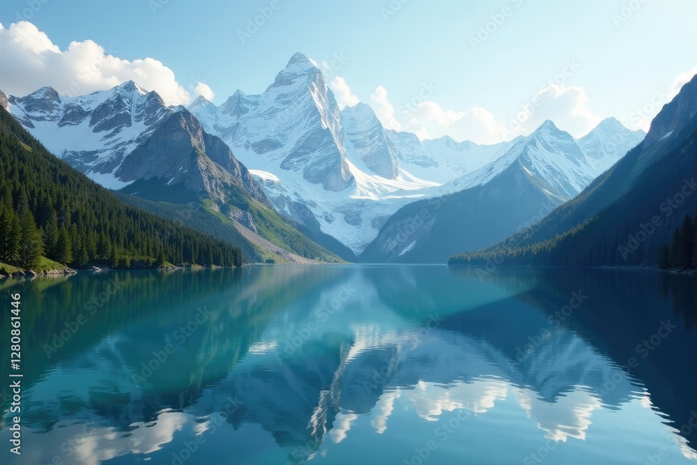 Naklejka premium Serene lake in front of towering mountain peaks with snow, glacial, frozen