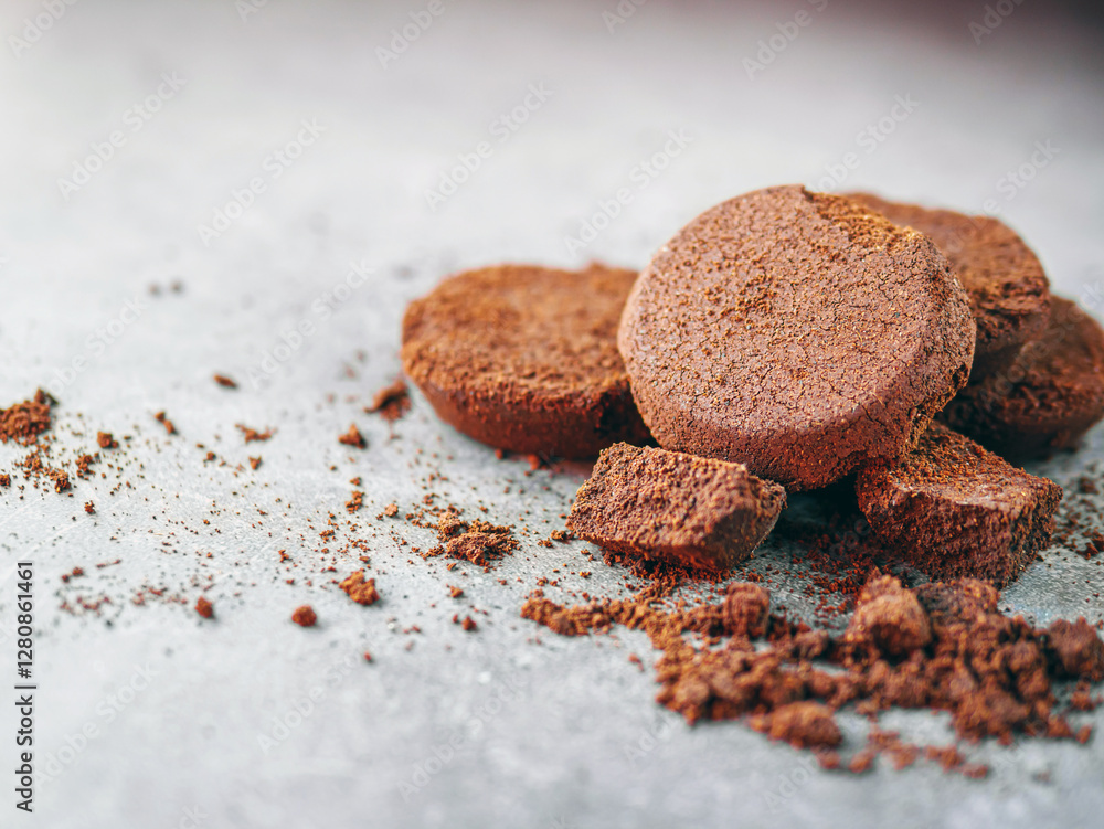 Close-up of coffee grounds from espresso machine. coffee ground on gray background Close-up of coffee grounds from espresso machine. coffee ground on gray background