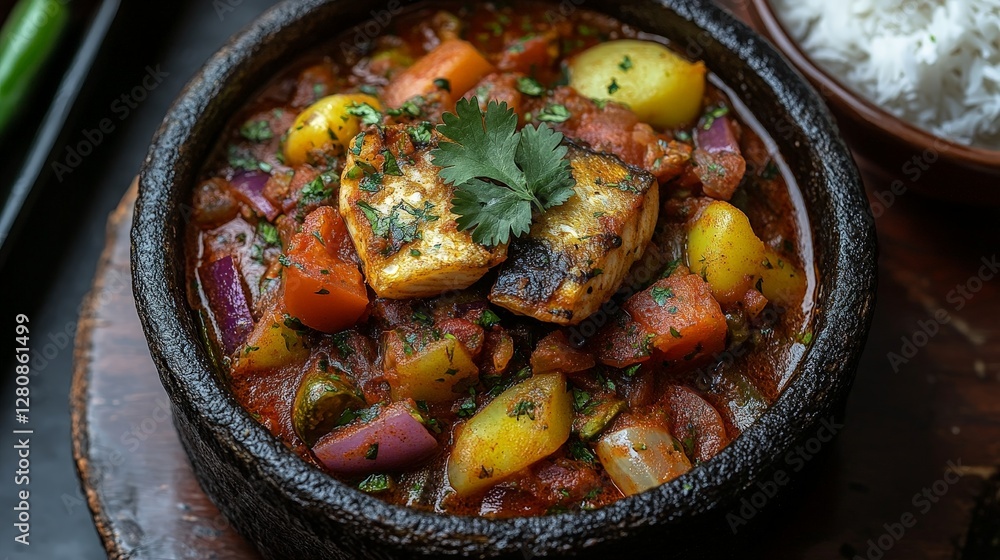 A vibrant dish featuring fish and assorted vegetables in a rich sauce, served with rice. A vibrant dish featuring fish and assorted vegetables in a rich sauce, served with rice.