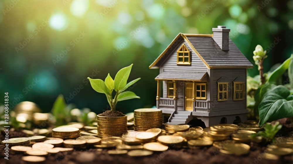A little house perches on gold coins, representing financial growth, while budding plants lend a sense of nature and prosperity against a bokeh background. A little house perches on gold coins, representing financial growth, while budding plants lend a sense of nature and prosperity against a bokeh background.