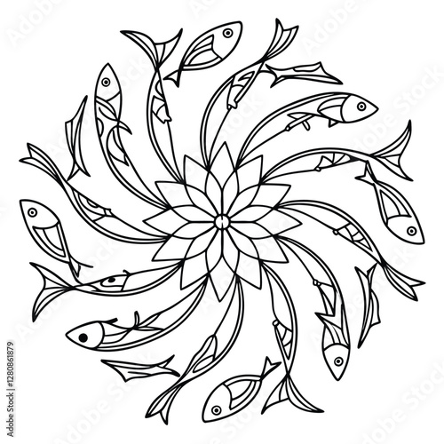 Fish Mandala Coloring Page: Intricate Circular Design with Aquatic Animals and Floral Center for Relaxation and Creative Art Therapy