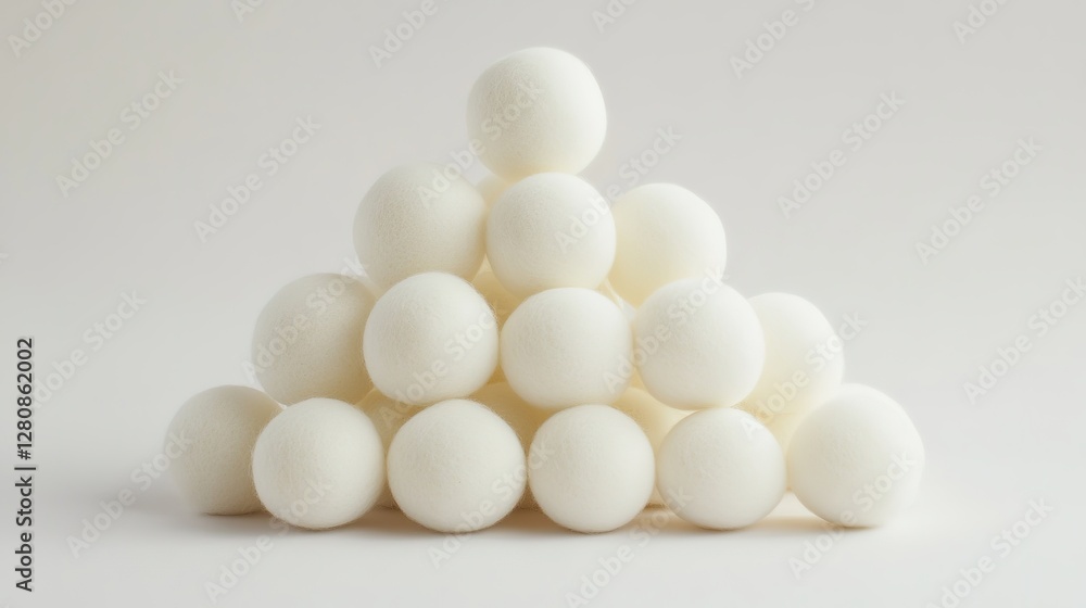 Soft White Felt Balls Arranged in a Pyramid Shape, Creating a Textured and Aesthetic Display Soft White Felt Balls Arranged in a Pyramid Shape, Creating a Textured and Aesthetic Display