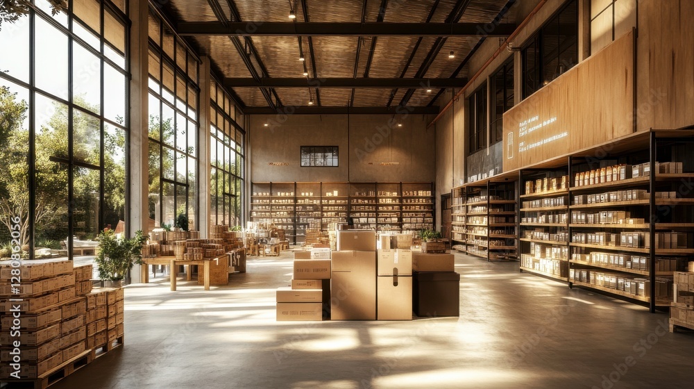 A spacious, modern interior filled with shelves of books and boxes, illuminated by natural light from large windows, creating a warm and inviting atmosphere. A spacious, modern interior filled with shelves of books and boxes, illuminated by natural light from large windows, creating a warm and inviting atmosphere.