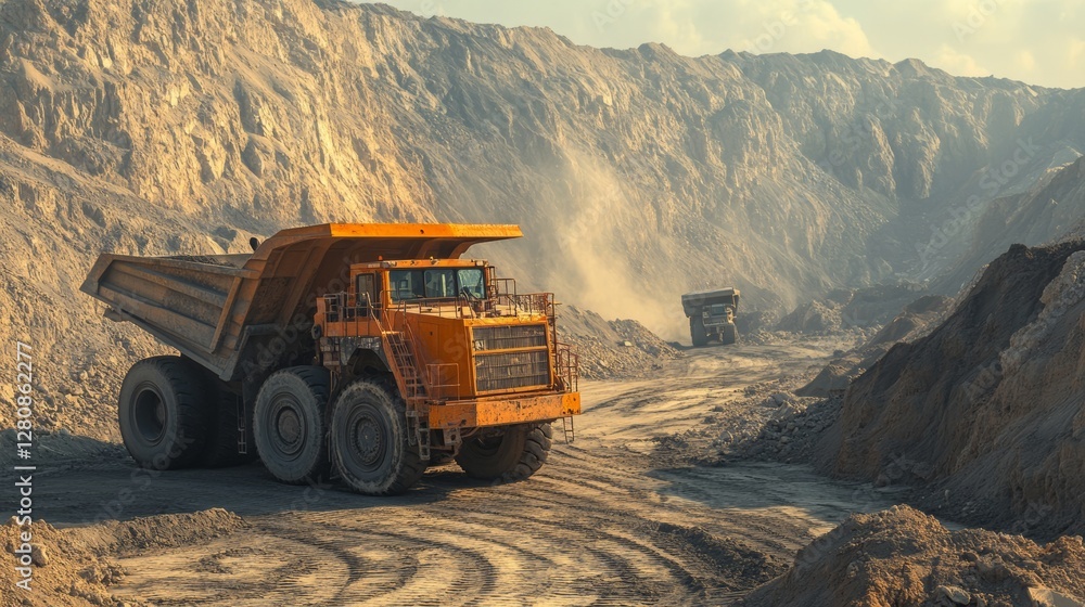 In a desert setting, numerous excavators and dump trucks are tirelessly operating at a large mining site, shifting earth and materials in the presence of a clear, sunny atmosphere In a desert setting, numerous excavators and dump trucks are tirelessly operating at a large mining site, shifting earth and materials in the presence of a clear, sunny atmosphere