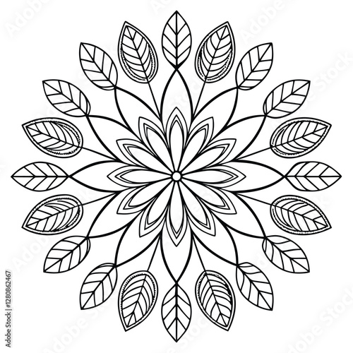 Floral Mandala Coloring Page: Intricate Leaf Pattern Design for Relaxation and Creative Art Therapy, Printable Flower Outline Illustration