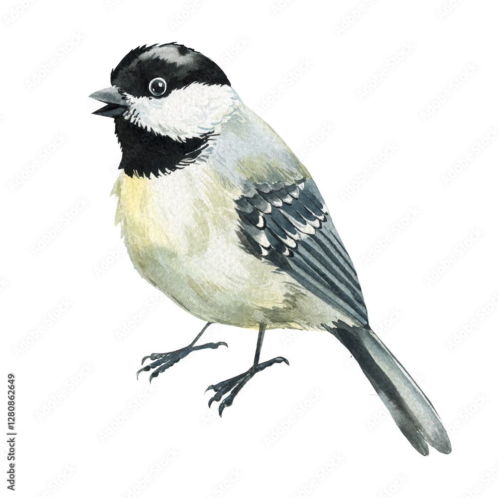 Obraz premium tit bird, hand painted wildlife illustration with cute black capped chickadee birds in realistic watercolor style