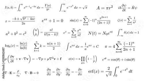Set of famous scientific math formulas and equations, ideal for science visuals, educational materials and infographics, transparent background