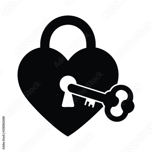 A black silhouette of a heart lock and key