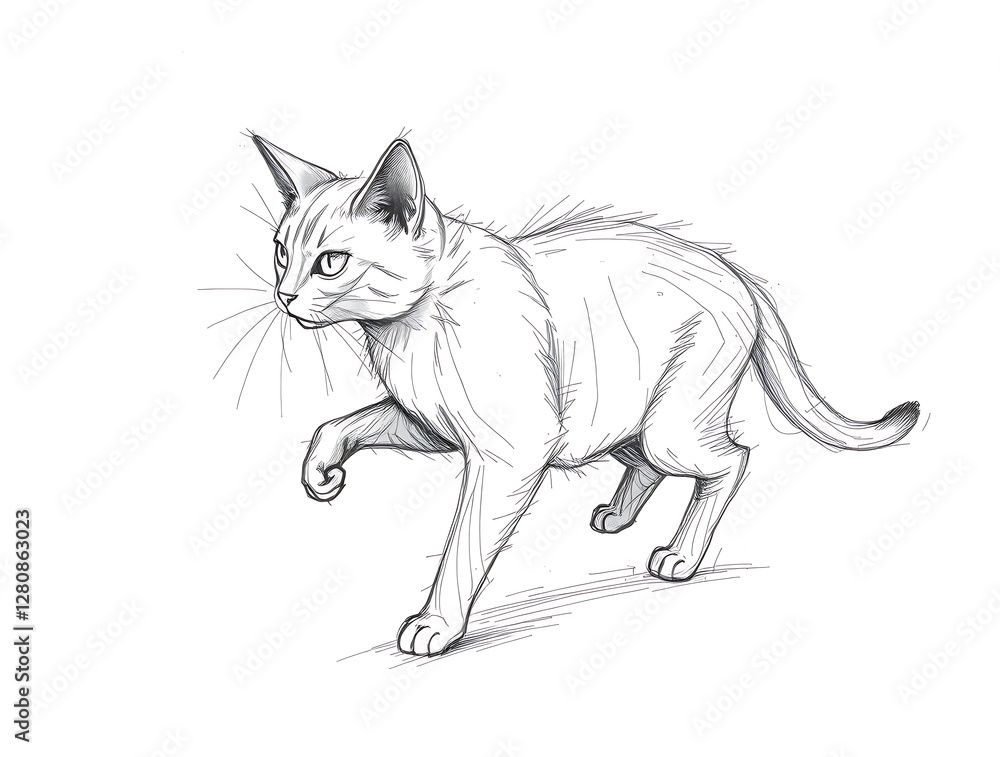 Sketch of a Strolling Cat Detailed Line Art on White Background Sketch of a Strolling Cat Detailed Line Art on White Background