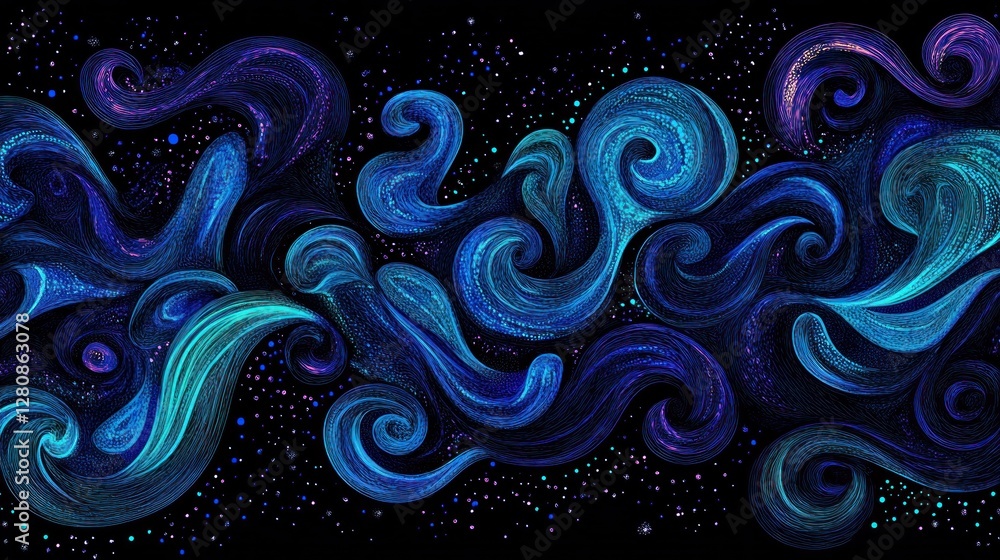 Fototapeta premium Abstract swirling blue and teal nebula-like pattern on black background.