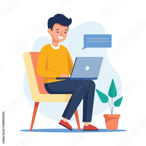 a boy is using his laptop vector