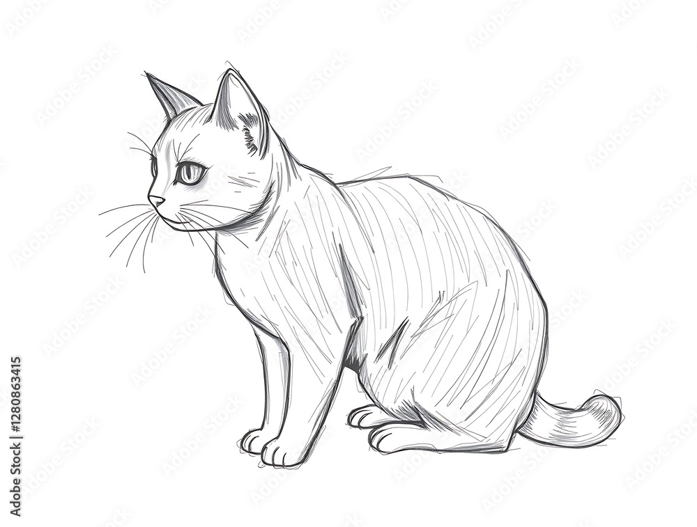 Obraz premium Cat Sketch Sitting Alertly Cute Kitten Illustration Pet Drawing Art
