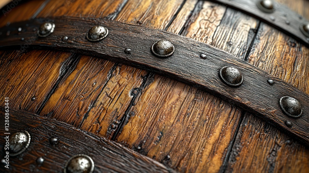 Fototapeta premium Rustic Wooden Barrel Close-up, Metal Bands, Aged Texture, Background Blurred