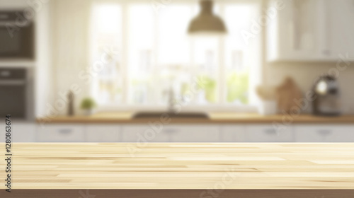 Quadro em tela blurred kitchen interior with empty wooden countertop in foreground, featuring m