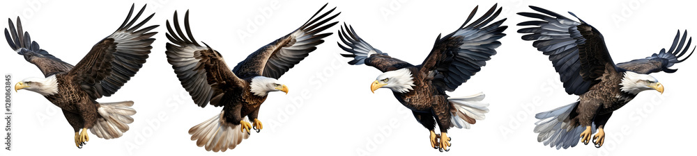Fototapeta premium Flying bald eagle with wings spread in motion on transparent background