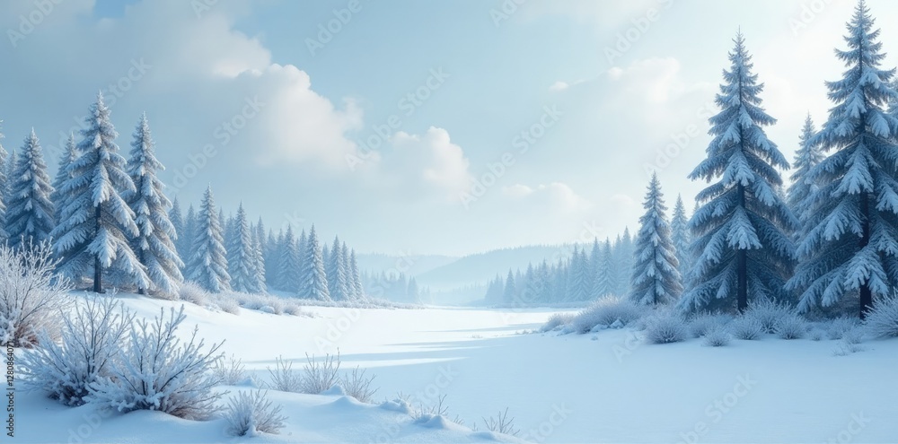 Fototapeta premium The landscape is painted in shades of white and gray with a hint of blue, icy, woodland