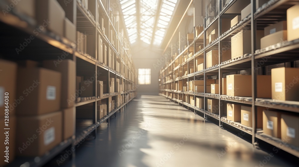 A well-lit warehouse aisle with shelves full of cardboard boxes, creating a spacious and organized storage environment. A well-lit warehouse aisle with shelves full of cardboard boxes, creating a spacious and organized storage environment.