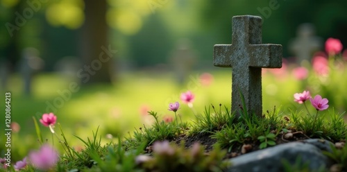 Tiny stone cross on a grave with overgrown flowers, gravestone, memorial