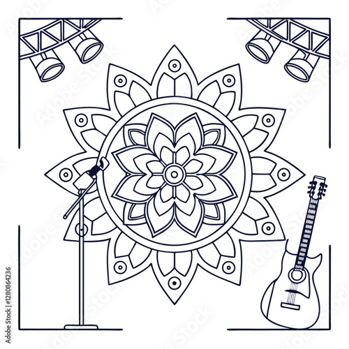 Music Mandala Coloring Page: Guitar, Microphone, Stage Lights, Floral Design - Printable Art Therapy for Relaxation and Creativity