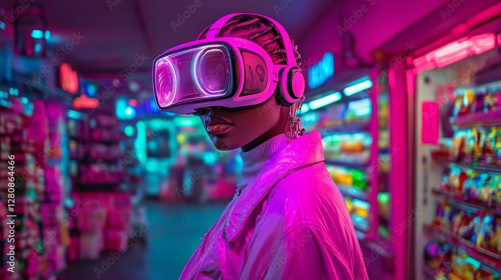 With virtual reality glasses on, a person engages with products in a grocery store jam-packed with colorful food options With virtual reality glasses on, a person engages with products in a grocery store jam-packed with colorful food options
