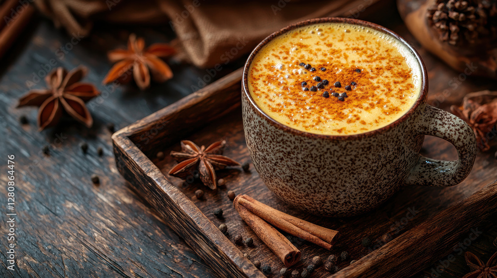 cozy golden milk latte with spices, served in rustic cup cozy golden milk latte with spices, served in rustic cup