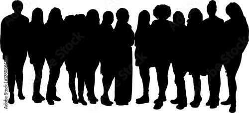 silhouette vector image of a large group of people standing closely together in a row, showing diverse human figures with varying heights and postures.