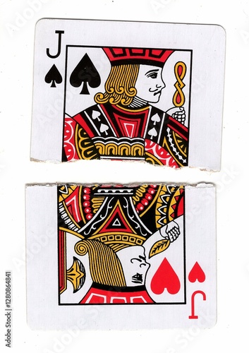 Photography A vintage picture playing card made up of torn halves on a white background
