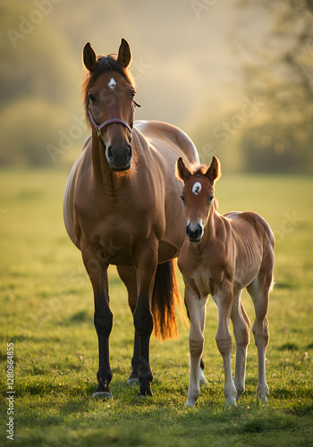 Beautiful mare standing beside her young foal in sunlit green pasture with soft golden light in countryside
