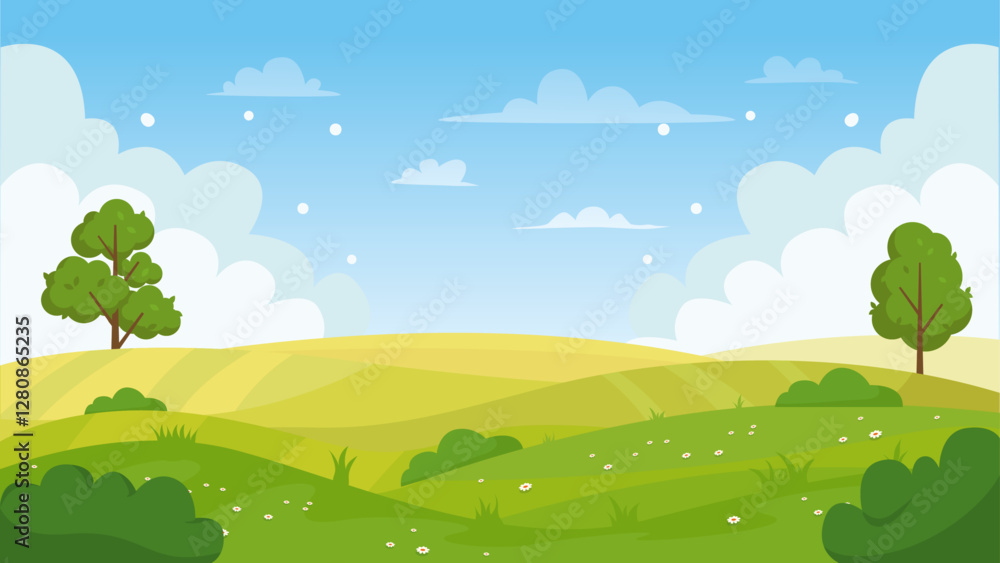 Cartoon meadow landscape. summer green fields view, spring lawn hill and blue sky, green grass fields landscape background illustration. field grass, meadow landscape spring or summer Premium Vector Cartoon meadow landscape. summer green fields view, spring lawn hill and blue sky, green grass fields landscape background illustration. field grass, meadow landscape spring or summer Premium Vector