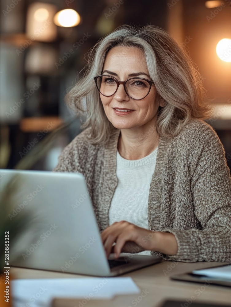 A professional woman working on her laptop in a modern coffee shop. A professional woman working on her laptop in a modern coffee shop.