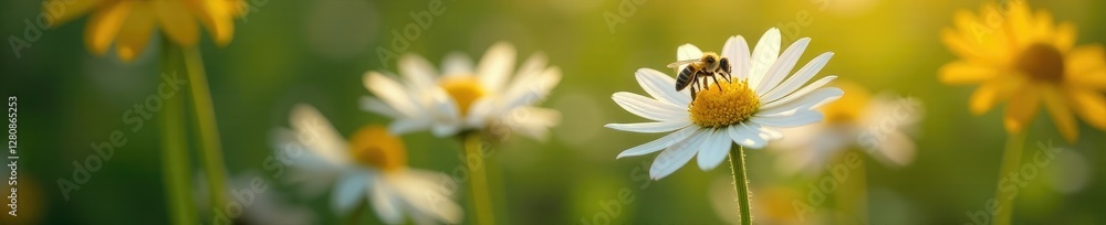 White echinacea flower with a tiny bee and pollen in the air around it, insects, wildflower White echinacea flower with a tiny bee and pollen in the air around it, insects, wildflower
