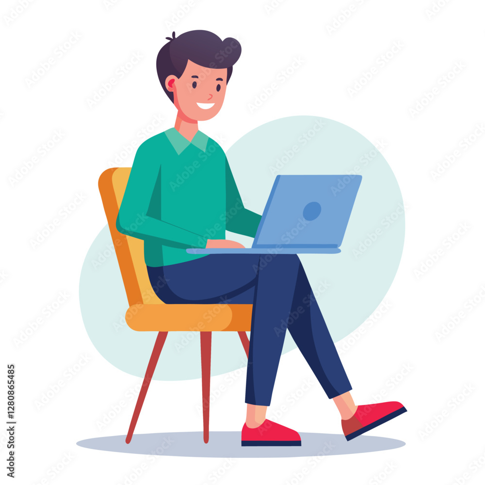 a boy is using his laptop vector a boy is using his laptop vector