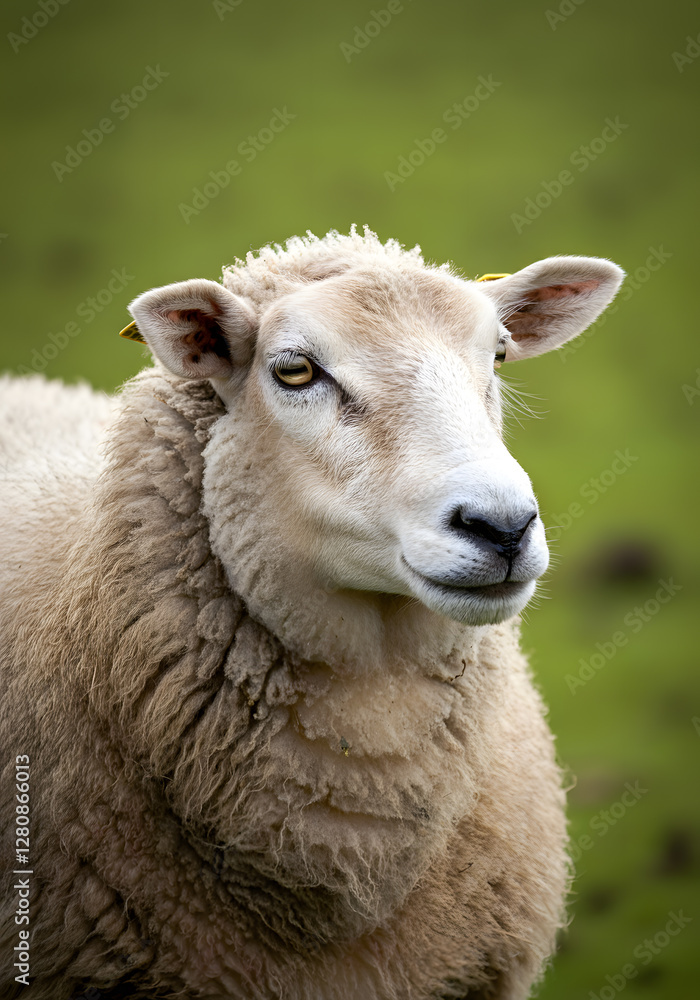 Close up of a woolly sheep standing in a green pasture with blurred background Close up of a woolly sheep standing in a green pasture with blurred background