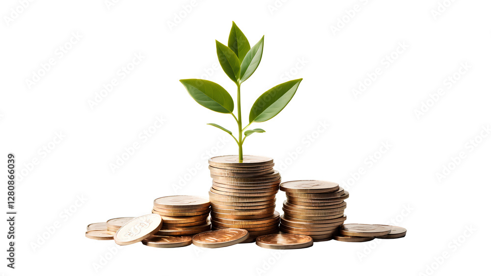 A pile of coins with a tree growing on top Isolated on transparent background. A pile of coins with a tree growing on top Isolated on transparent background.