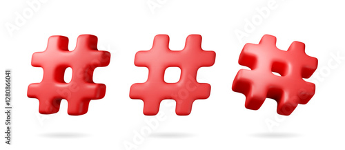 3d red realistic hashtag symbol isolated on white. Render hash tag icon for social media. Chat message, communication, ad, search and online community. Blog and social network. Vector illustration
