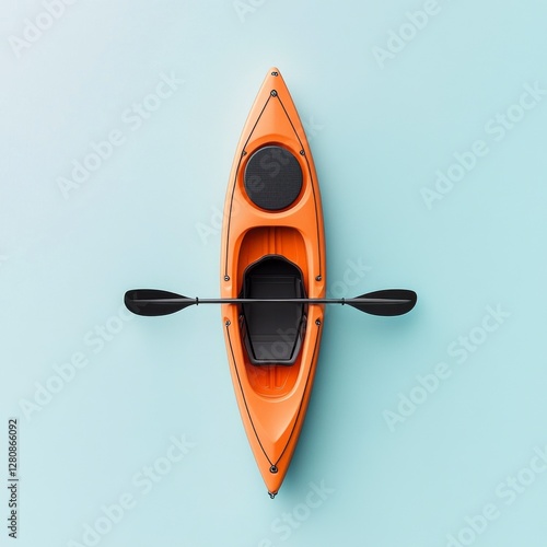 Aerial View of Orange Kayak with Paddle on Light Blue Backdrop for Recreation