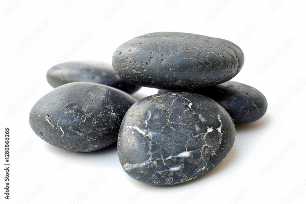 Stack of five smooth black stones with white veins isolated on white background. Spa and relaxation concept. Stack of five smooth black stones with white veins isolated on white background. Spa and relaxation concept.