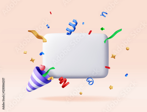 3d speech bubble with confetti and firecracker. Render chat cloud with colorful confetti explosion. Geometric shapes with message for party, holiday, celebrations and birthday. Vector illustration
