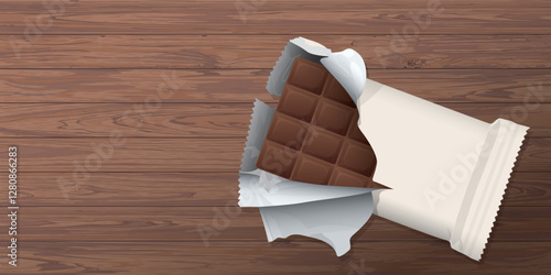 Wrapped chocolate bar was unwrapped and there was a chocolate bar inside placed on wooden table top view graphic illustration have blank space.