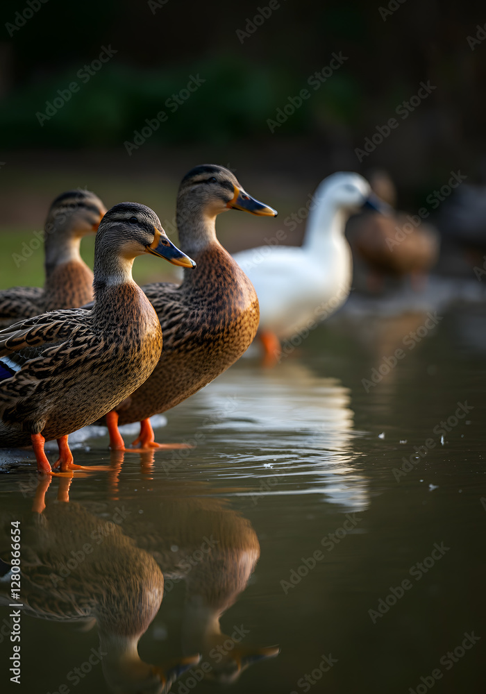 Mallard ducks standing by a calm reflective pond with natural wetland surroundings
