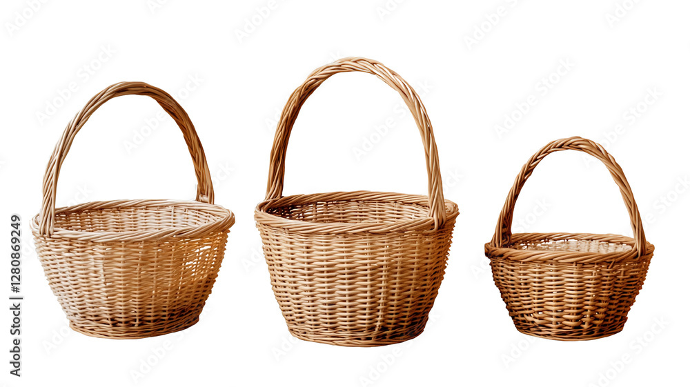 A set of three plastic wicker baskets in different sizes, each with a curved handle, isolated on a transparent background A set of three plastic wicker baskets in different sizes, each with a curved handle, isolated on a transparent background
