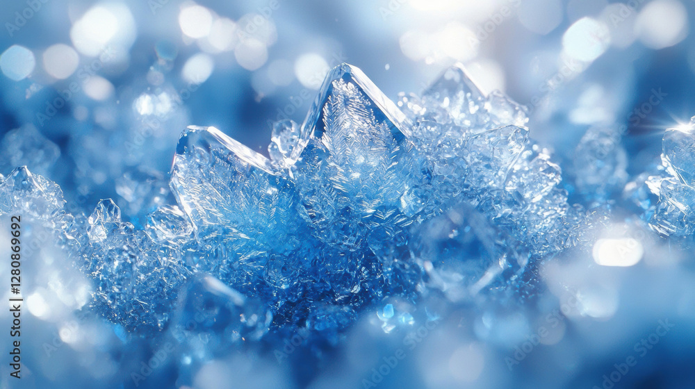 Intricate crystalline ice formation with shimmering blue hues and light reflections Intricate crystalline ice formation with shimmering blue hues and light reflections