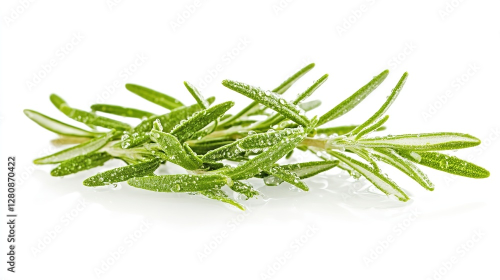Fresh Organic Rosemary Herb Sprigs with Water Droplets Isolated on Pure White Background for Culinary and Aromatic Essential Oil Applications Fresh Organic Rosemary Herb Sprigs with Water Droplets Isolated on Pure White Background for Culinary and Aromatic Essential Oil Applications