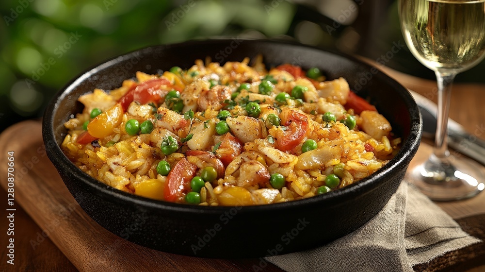 A vibrant dish of rice, chicken, tomatoes, and peas served in a skillet with a glass of wine. A vibrant dish of rice, chicken, tomatoes, and peas served in a skillet with a glass of wine.