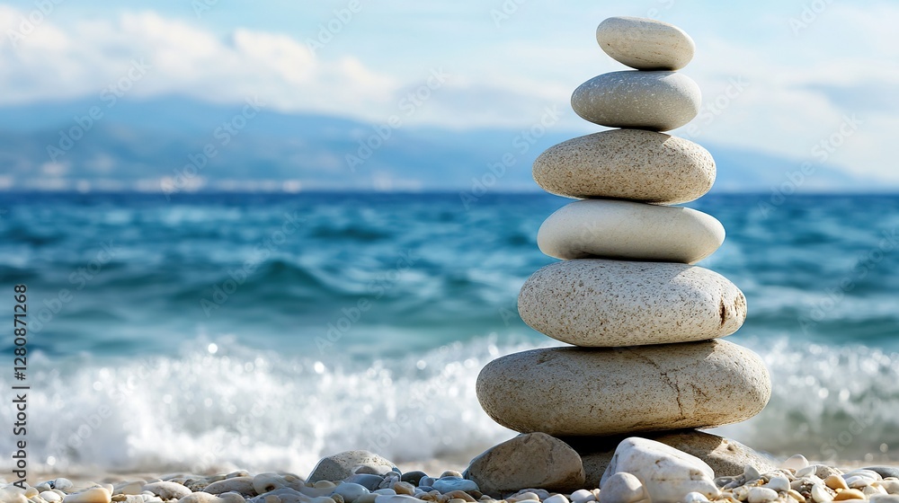 Serene beach scene with a balanced stack of stones symbolizing meditation and mental health wellness, tranquil and harmonious atmosphere. Serene beach scene with a balanced stack of stones symbolizing meditation and mental health wellness, tranquil and harmonious atmosphere.
