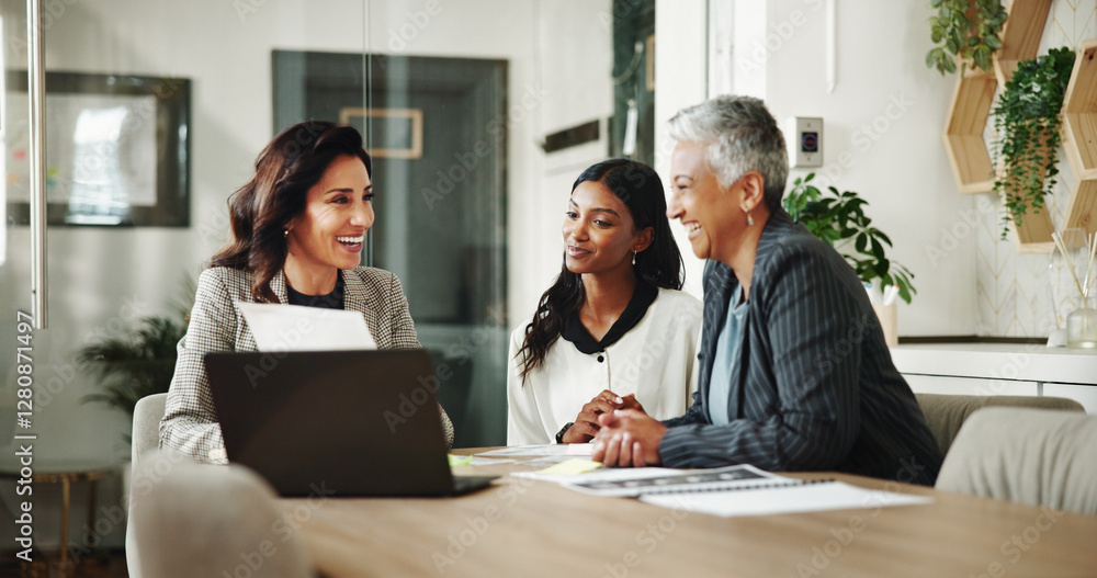 Fototapeta premium Business women, financial audit and paperwork with laptop, budget and advisor for customer portfolio. Document, accountant or agent meeting with teamwork for consultation advice or assistance review