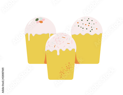 Easter cake, traditional kulich. Sweet bakery for Orthodox holiday, decorated with icing. Festive glazed food. Homemade dessert with frosting. Flat vector illustration isolated on white background