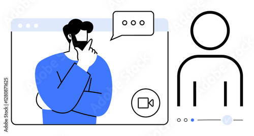 Man in video call interface speaking with gesture. Speech bubble, attendee icon. Ideal for remote communication, virtual meetings, webinars, video conferencing, digital collaboration, online